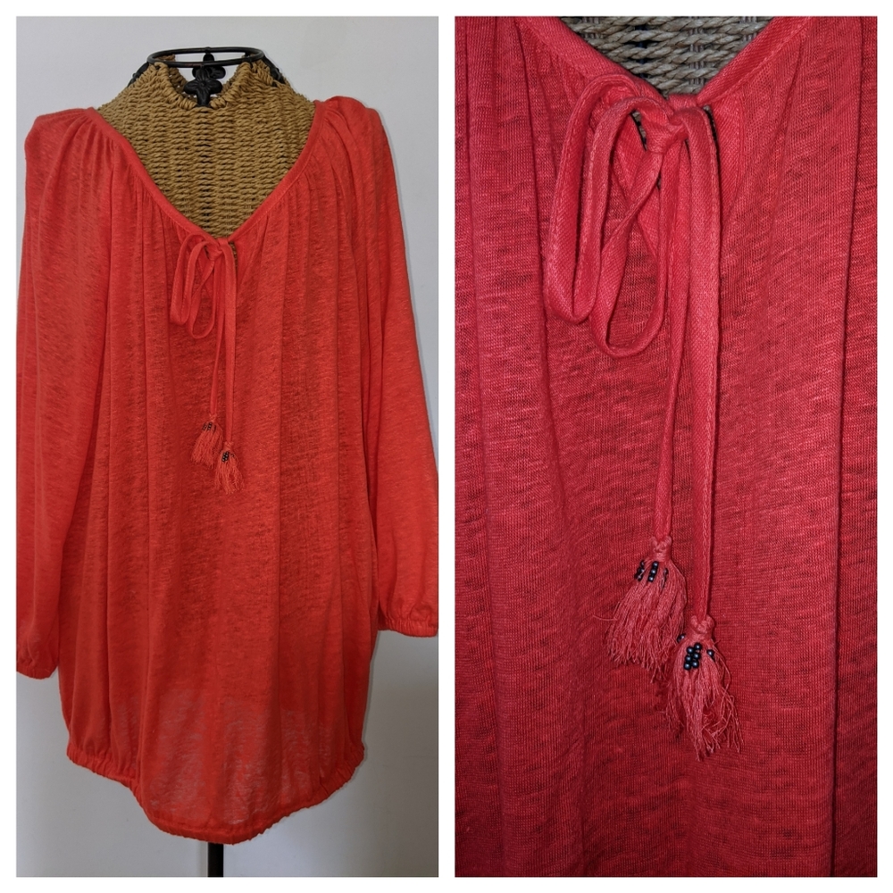 Joan Vass orange red fringe tassle top L